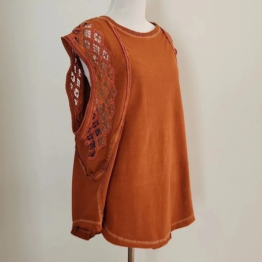 NWOT || FREE PEOPLE || Table For Two, tee, lace, raw hems, baggy fit, medium - Picture 4 of 6